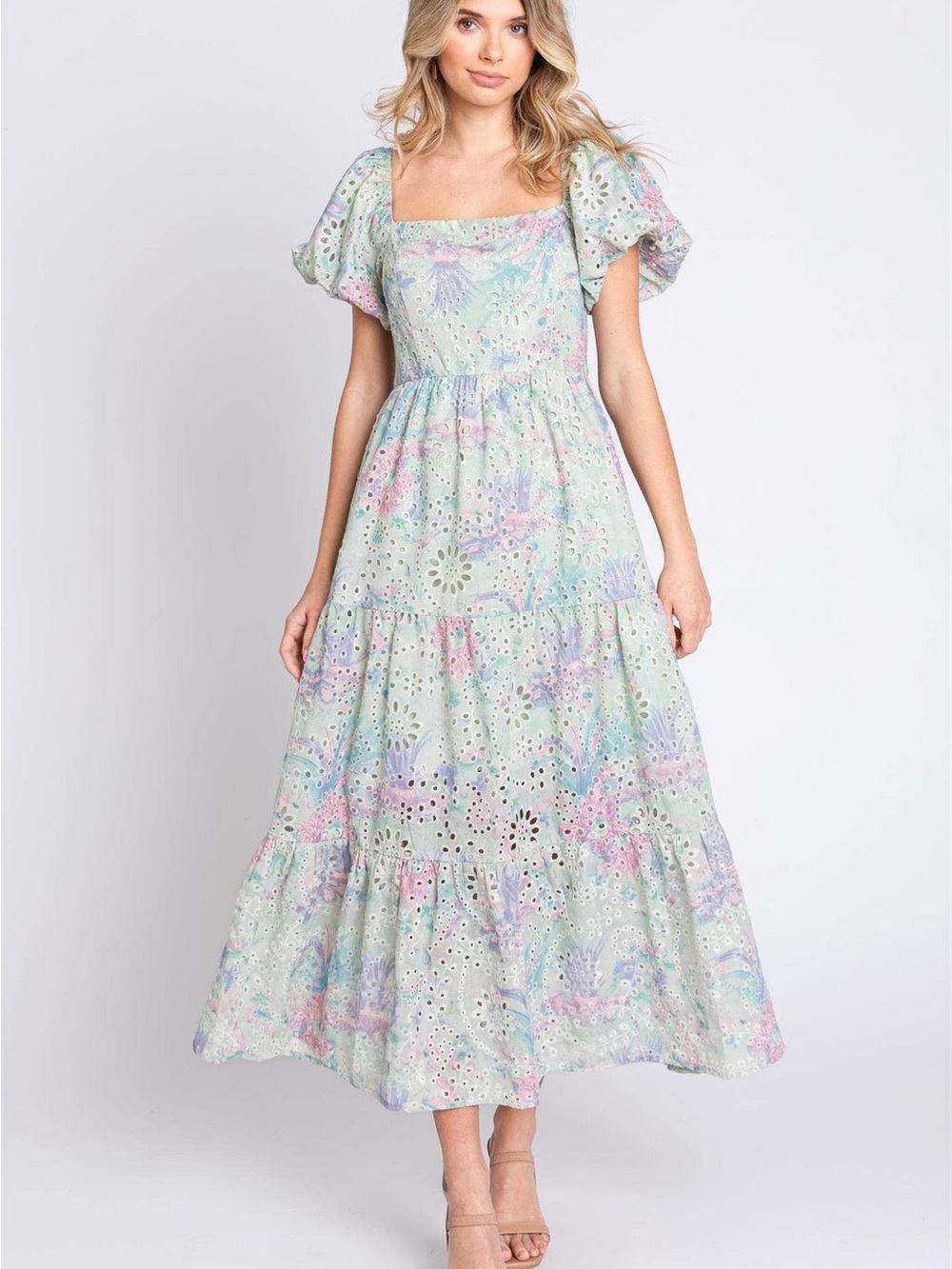 Lovelo Pastel Mint Multi-Color Floral Eyelet Tiered Maxi
